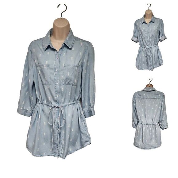 Intro. Womens Pineapple Print Tunic Blue Denim Blouse Button Shirt Size Small - Picture 1 of 9